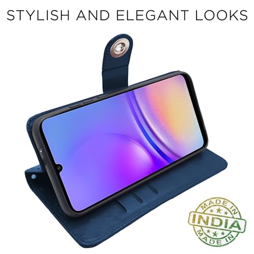 Image of Pikkme Flip Cover Leather Finish | Inside TPU with Card Pockets | Wallet Stand and Shock Proof | Complete Protection Button Flip Case for Samsung Galaxy A05 / M05 / F05 (Blue)