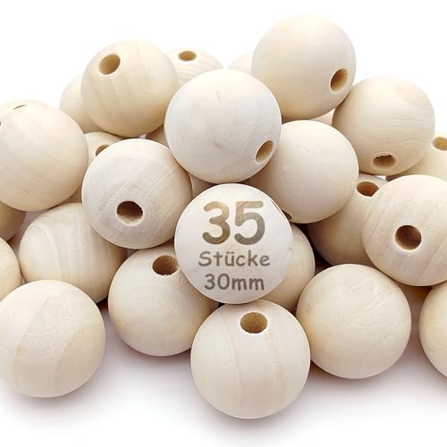 Kisvic Holzkugeln mit Loch 30mm 35 Stück Groß Runde Holzperlen Natur Holzkugeln Makramee zum Auffädeln für DIY Schmuck Herstellung