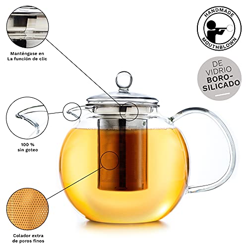 Creano Tetera de vidrio, tetera de vidrio de 3 piezas con colador de acero inoxidable integrado y tapa de vidrio, ideal para preparar tés sueltos, sin goteo, todo en uno Acero inoxidable 0.85L - Imagen 4