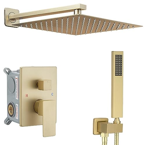 Image of Shower Faucet Set Complete, Wall Mount Shower System for Bathroom 12 Inch High-Pressure Rainfall Shower with Handheld, Rough-in Valve Body and Trim Kit, Brushed Gold