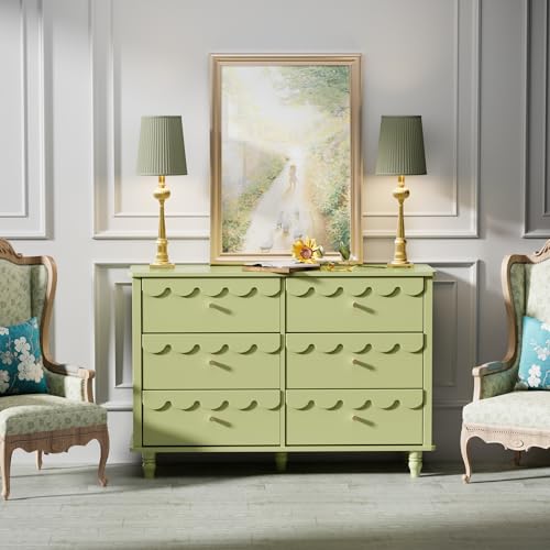 Image of Anbuy Nursery Chests and Dresser for Kids Bedroom Scalloped Wood 6 Drawer Dresser, Chests of Drawers with Metal Handles for Bedroom, Nursery, Hallway(Green)
