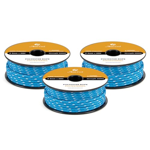 Abma Cord Polyester Cord 3mm x 20m Braid Polyester Rope, Blue/White - Heavy Duty & Low Stretch - High UV & Abrasion Resistance
