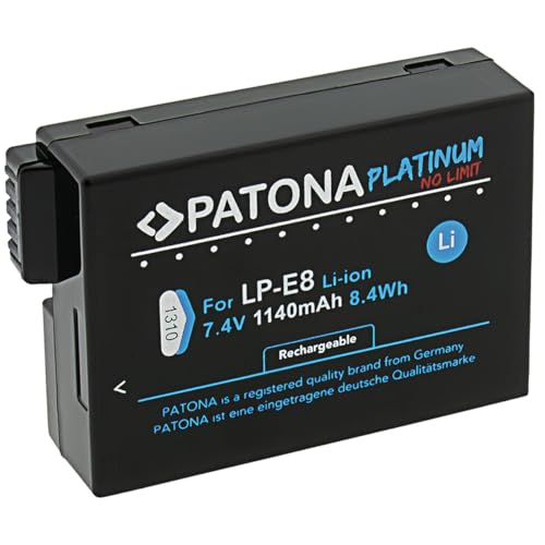 PATONA Platinum LP-E8 akumulator (1140 mAh 8,44 Wh 7,4 V) akumulator zastępczy LPE8 LP-E8+ kompatybilny z Canon EOS 550D 600D 650D 700D Rebel T2i T3i T4i T5i Kiss X4 X5 X6i X7i