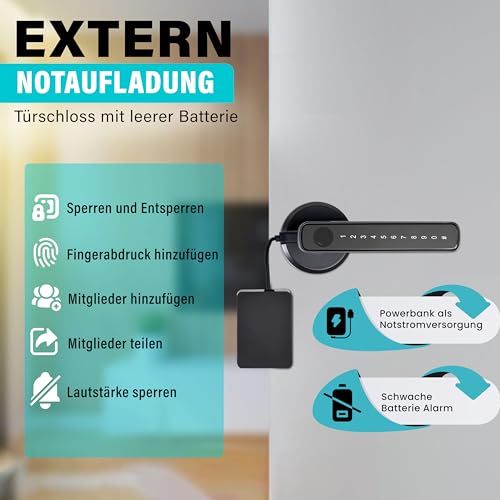 Türschloss Fingerabdruck, Smart Lock, Elektronisches Türschloss - Für Innentüren mit einer Stärke von 35-55 mm – smartes Türschloss – Per App gesteuert – mit Rosette und 2 Magnetkarten - Schwarz