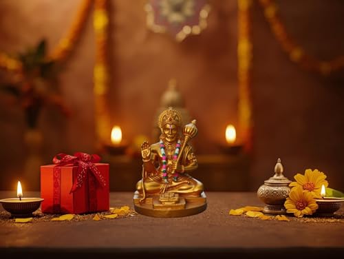 Image of Hanuman Ji Idol for Car Dashboard, Home & Office | Lord bajrangi Murti for Pooja, Mandir | Resin Balaji Statue for Protection, Positivity | Spiritual Gift Item (Gold)