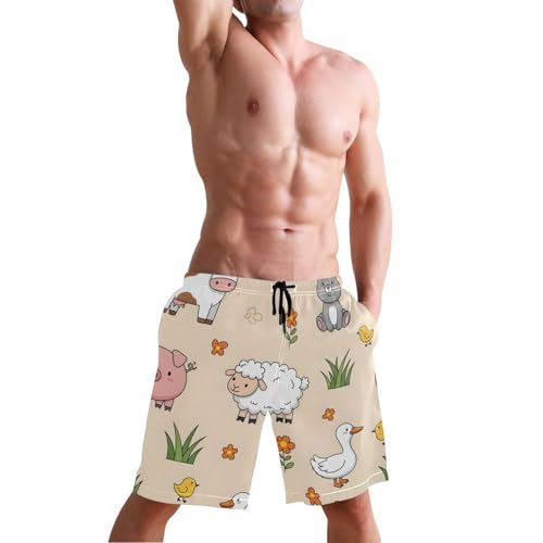 Men's Swim Trunks Quick Dry Swimming Shorts with Pocket Farm Animals on Pastel Swimsuit Trunks4