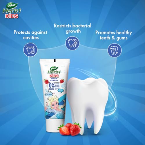 Image of Dabur Herb'l Kids Elsa Frozen Toothpaste | 160g (Pack of 2 x 80g) | 3+ Years | Strawberry Flavour | No added chemicals | Cavity protection | Healthy Gums | SLS & Flouride free