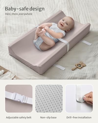 Image of Blissful Diary Vegan Leather Baby Changing Pad with Waterproof & Wipe-Clean PU Cover, Standard Size Cozy Diaper Changing Pad for Dresser and Table, Taupe