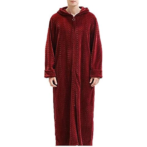 Shaoyao Men Women Fleece Dressing Gown Full Length Fluffy Bathrobe Zip Up Men Wine Red XL Cover