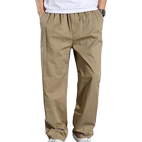 JEKE-DG Mens Casual Drawstring Cargo Pants Lightweight Relaxed Fit Sweatpants Straight Fit Trousers with Pockets (Large,Khaki)