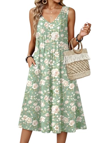 Image of Zeagoo Women Summer Casual Dresses 2026 Sleeveless Midi Pleated Tank Sundress with Pockets V Neck A Line Swing Tshirt Dress