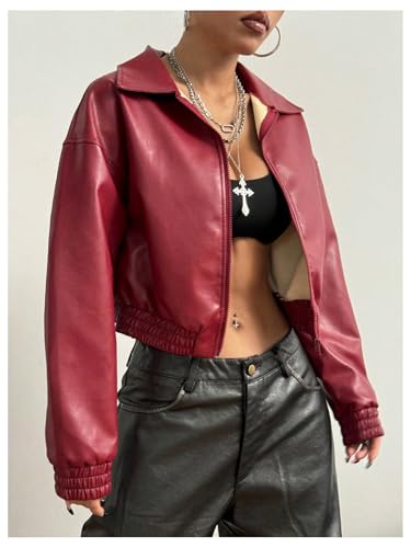 Women's Y2K Faux PU Leather Jacket Crop Zip Up Motorcycle Coat Long Sleeve Drop Shoulder Motor Bike Jacket Streetwear3