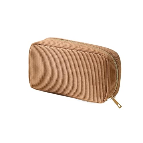 Sac de maquillage velours côtelé marron : grand rangement cosmétique au design épuré
