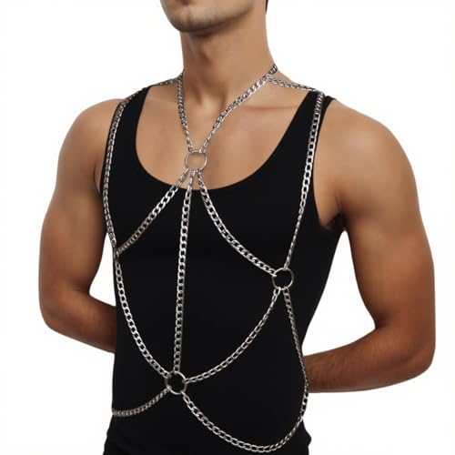 Men's Chest Harness Belt Chain Costume, Body Harness Belt for Men, Male Chest Harness Muscle Show Fashion Uniform for Cosplay Party (Silver)2