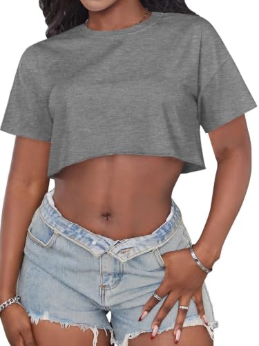 Image of Crop Tops for Women Oversized Short Sleeve T Shirts Crew Neck Cropped Tees