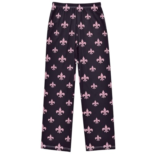 Boy's Pj Pants Pink Black Fleur De Lis Lounge Bottoms Elastic Waist Kids Joggers with Pockets Size 6-14 - Main Image