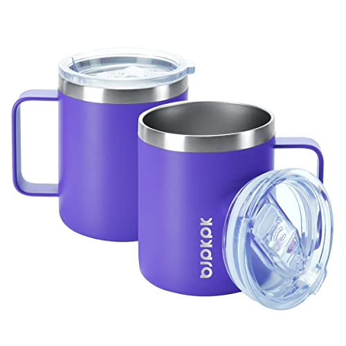 Image of BJPKPK 2PCS Insulated Coffee Mug with Lid, 14oz Stainless Steel Tumbler | Travel Coffee Mug with Handle, Vacuum Insulated Tumbler Cup for Camping, Office, Home, BPA Free Lid, Hot & Cold