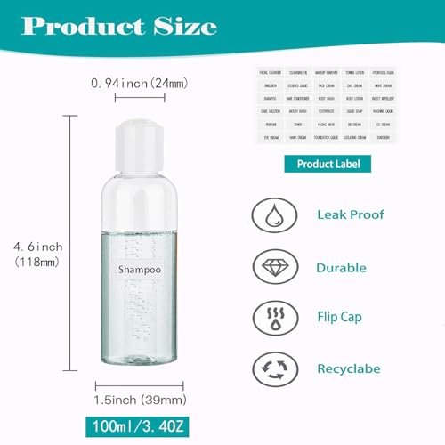 Toiletry Travel Bottles for Men Women, 3.4oz/100ml Refillable Plastic Containers with TSA Approved Toiletry Bag - Clear Cosmetic Kit for Shampoo, Conditioner, Lotion and Travel Essential(4Pack, Black)2