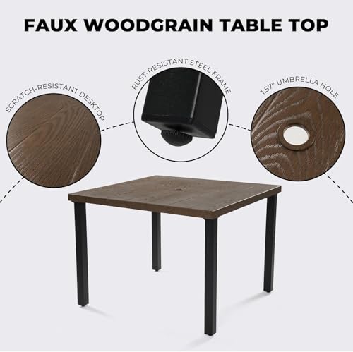 Image of Grand patio 5-Piece Outdoor Dining Set for 4, Metal Woven Wicker Swivel Patio Chairs with Thickened Cushions & 1 Square Woodgrain Dining Table with Umbrella Hole for Backyard Deck (Black)