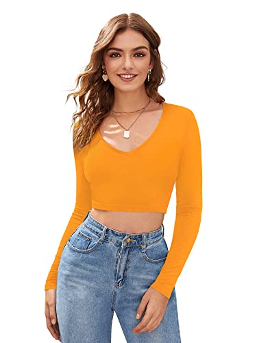 Image of LONDON BELLY Women's Polyester Crop Top with V Neck Full Sleeves Solid Pattern Regular Fit and Crop Length | Crop Tops for Woman | Women Chic Everyday Wear Top