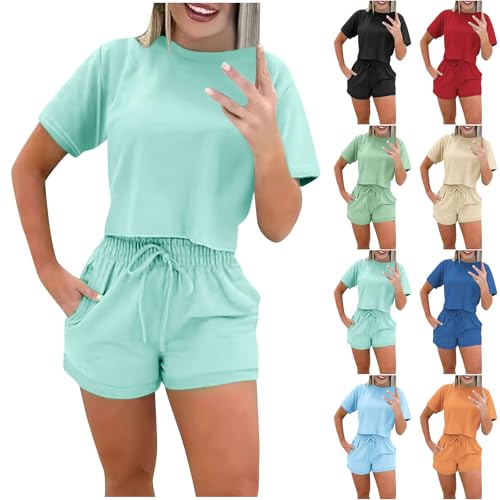 Two Piece Set for Women 2024 Summer Lounge Tracksuit Outfits Shorts and Short Sleeve Tops Solid Color Casual Clothes
