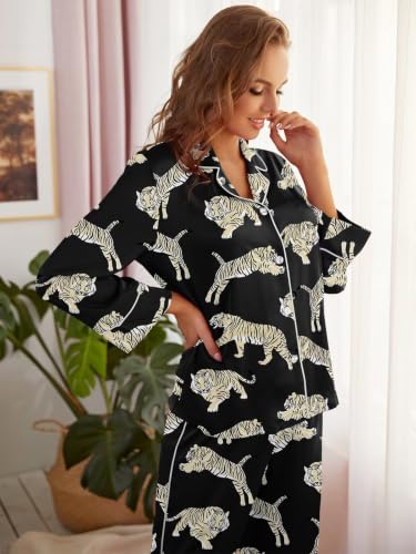 Image of Brosloth Women's Silk Satin Pajamas Long Sleeve Button Up Loungewear Set | Button Down Animal Print Pajamas, Ladies Fancy Pajama sets, Two Piece Lounge Set, Notch Collar Lightweight Sleepwear, Gift