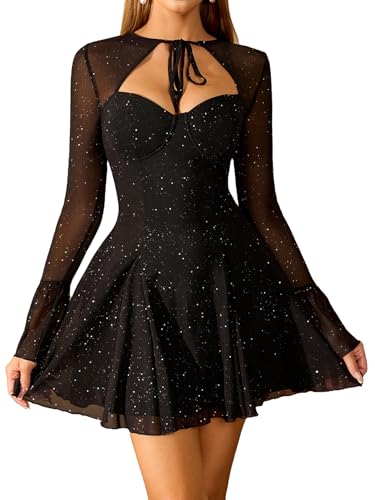 HTZMO Women Long Sleeve Sequin Mini Dress Sexy Cut Out Tie Neck Sparkly Party Night Going Out Homecoming Dresses