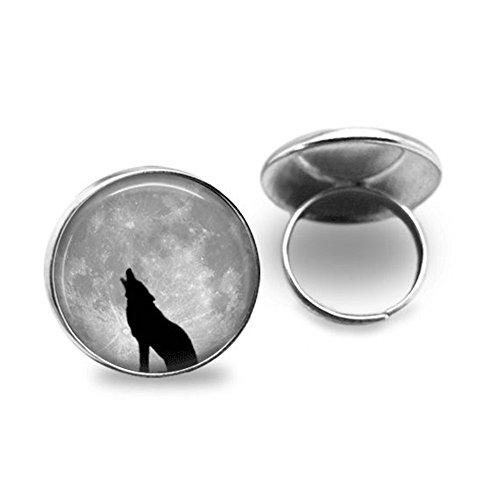 Goodnight cat Wolf Jewelry Silver Ring,Moon Ring Adjustable Ring, Glass Tile Jewelry,Wolf Ring GlassTile Ring,Silver Jewelry,Animal Jewelry, Moon Jewelry