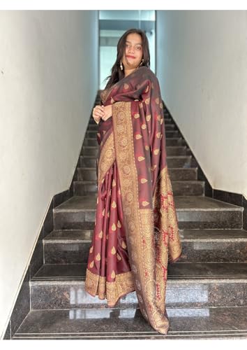 Image of Women's Banarasi Silk Georgette Saree Featuring Silver Sequin And Mirror Work