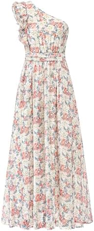 BTFBM Women Summer One Shoulder Floral Wedding Guest Dresses Sleeveless Smocked Ruffle Flowy Beach Vacation Maxi Dress