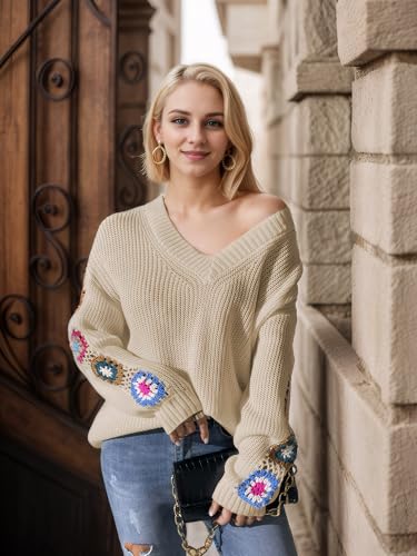 Womens Classic Boho Floral Crochet Long Sleeve Sweaters Casual Pullover Knitwear for Fall Winter Basic Tops 20243