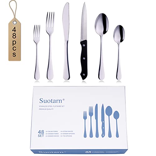 48-Piece Silverware Set with Steak Knives, Suotarn Stainless Steel Flatware Set for 8, Restaurant Home Party Cutlery Eating Utensils, Include Forks Knives Spoons, Dishwasher Safe, Silver