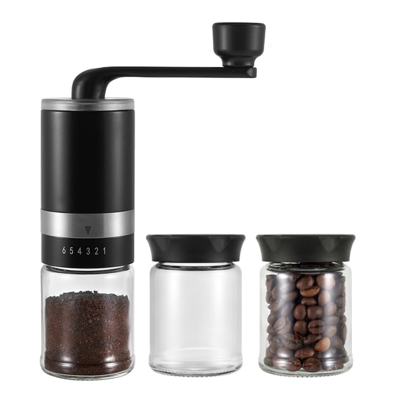 Manuelle Kaffeemühle, Schwarz, mit 2 Glasbehältern | Edelstahl Keramikmahlwerk, Für Espresso, Für Filterkaffee, Für French Press, Für Camping