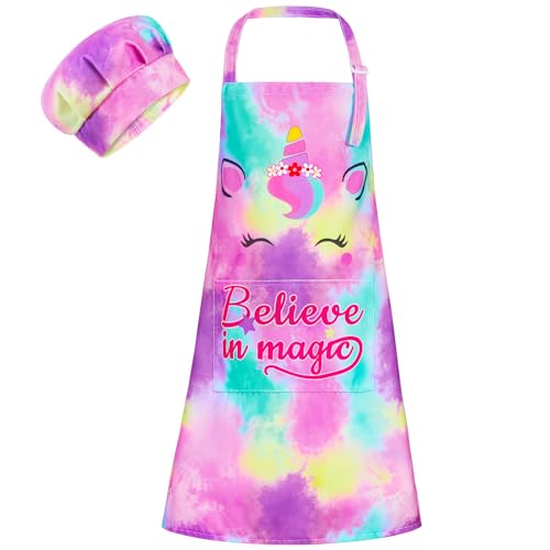 MHJY Kids Apron and Chef Hat Set, Child Aprons for Cooking Baking Painting Cute Toddler Girls Apron with Pockets 3-12 Years