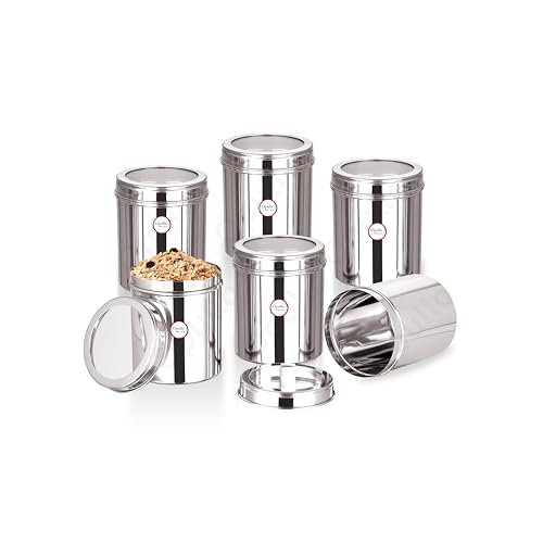 Image of Opullo Stainless Steel Top See Through Containers for Kitchen | Mirror Polished Stainless Steel Containers with Lid | Multipurpose Dabba Set for Kitchen | Pack of 6 | 750 GMS