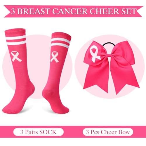 Zoooyawn Breast Cancer Socks Bows Set for Cheerleader, Pink Cheer Awareness Socks Cheerleader Bows Gifts4