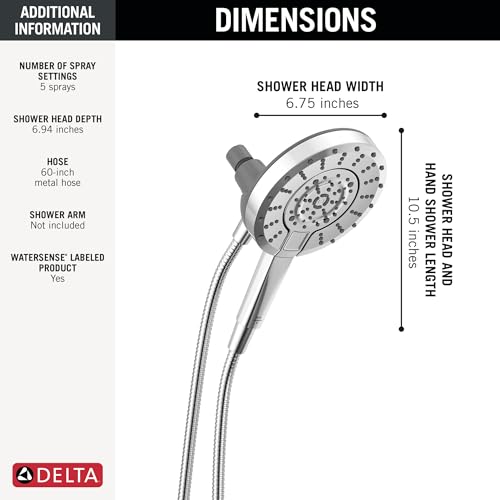 Image of Delta 5-Setting In2ition 2-in-1 Dual Shower Head with Handheld High Pressure ProClean Spray, Chrome Detachable Shower Head with Hose, 1.75 GPM Flow Rate, Chrome 75548