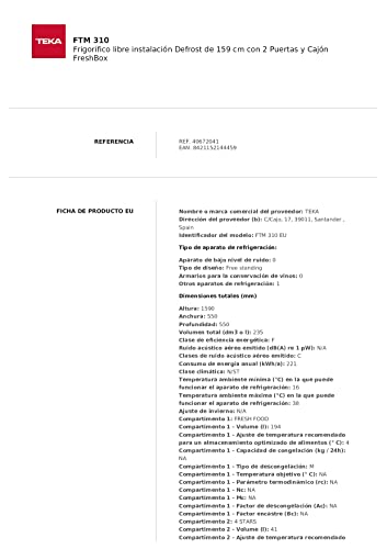 Teka-FTM-310-Frigorifico-libre-instalacion-Defrost-con-2-Puertas-y-Cajon-FreshBox-159-x-55-x-55-cm-Blanco