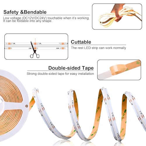 Image of RGBW FCOB COB RGB LED Strip Light Flexible Dimmable LED Strips,16.4FT 3000K Warm White,CRI 90+, 12mm Width 784LEDs /m High Density Uniform Light for TV Bedroom Party Home Decor DC 24V