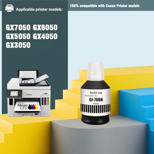 Image of KOSH GI-76 Ink Suitable Bulk Bottle Water Based Refill Ink for Canon MAXIFY GX5070,GX6070,GX7070 Printers 135ml Each Bottle (1, Black Pack of 1)