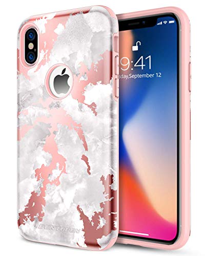 BENTOBEN Dual Layer Heavy Duty Protective Shockproof Rugged Bumper Cute Girl Women Phone Case Cover with Marble Design for iPhone XS 2018 / X 2017 (5.8 Inch) - Rose Gold / Pink
