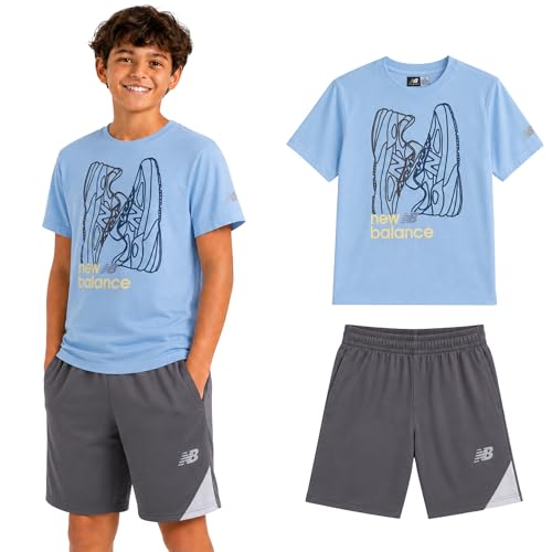 Image of New Balance Boys Athletic Shorts Set - 2 Piece Cotton Blend Jersey Shirt and Active Basketball Shorts for Boys