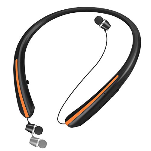 Bluetooth Retractable Headphones, Wireless Earbuds Neckband Headset Noise Cancelling Stereo Earphones(Orange)