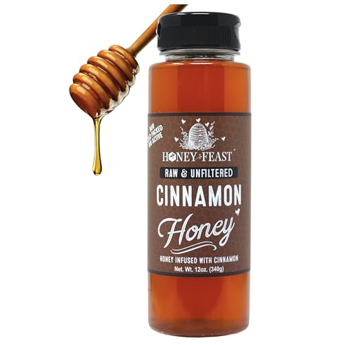HONEY FEAST Organic Cinnamon Honey - Raw and Cold Packed - 12 Ounces - Small Batch Beekeeper Honey