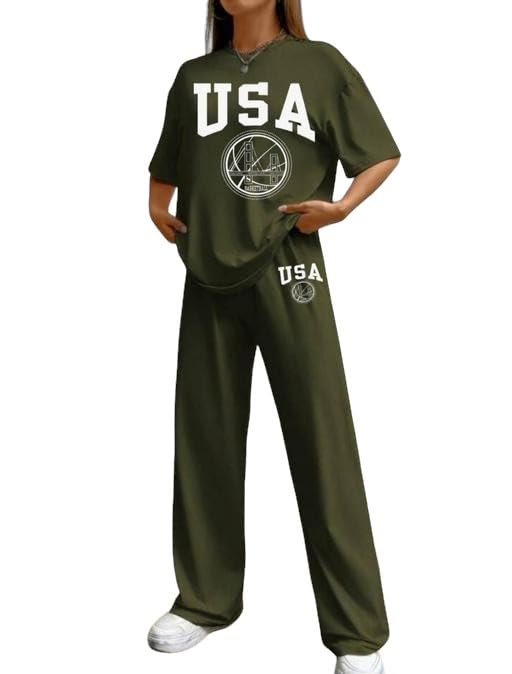 Image of My Swag USA Graphic Print Cotton Loungewear Set, T-Shirt and Pants, Casual Comfort Wear
