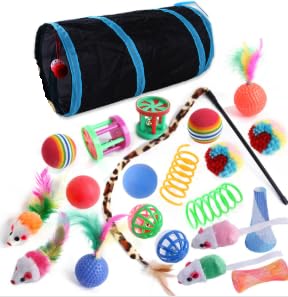 Kit 22 brinquedos de gato - túnel P, ratinhos, bolinhas, varinha, molas, rodas