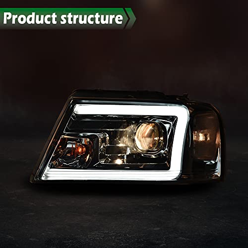 Image of GRAND ORANGE LED DRL Headlights Assembly Compatible with 2006-2008 Lincoln Mark Bumper Headlamp /Fits Ford F150 2004-2008 （Halogen Smoke Lens Chrome Houing Clear Reflector） 7L3Z13008FA 7L3Z13008CA