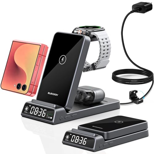 Cargador Wireless para Samsung Estación de Carga con Reloj para Samsung Galaxy S26/S25/Z Flip 7/6/Bud 4/3, Cargador de Reloj para Galaxy Watch 8/7/6, Base de Carga Wireless Plegable 3 en 1