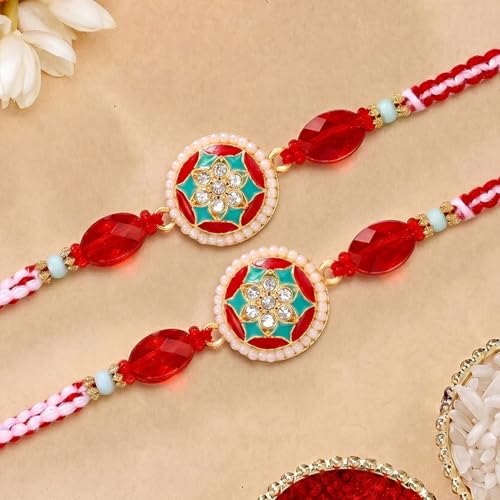 Image of Peora Rakhshabandhan Thread Rakhi for Brother Bhaiya | Kundan Beads & Crystal Studded | Combo Set of 2 | Rakhi Hamper Roli Chawal & Greeting Card