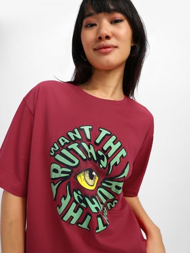 Image of JUNEBERRY Oversized Loose Baggy Fit Drop Shoulder Half Sleeves Pure Cotton Want The Truth Swan White & Viva Magenta Graphic Printed Cool Boyfriend T-Shirt for Women